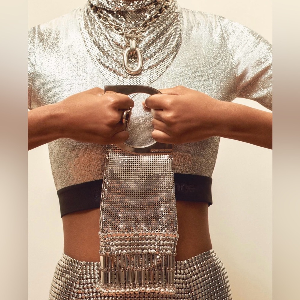 Paco Rabanne Metallic Silver Chainmail Bag with Gold Fringe